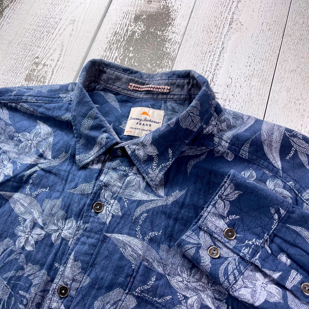 Tommy Bahama Jeans Island Shirt Men's XXL Blue Crafted Floral Cotton Quilted